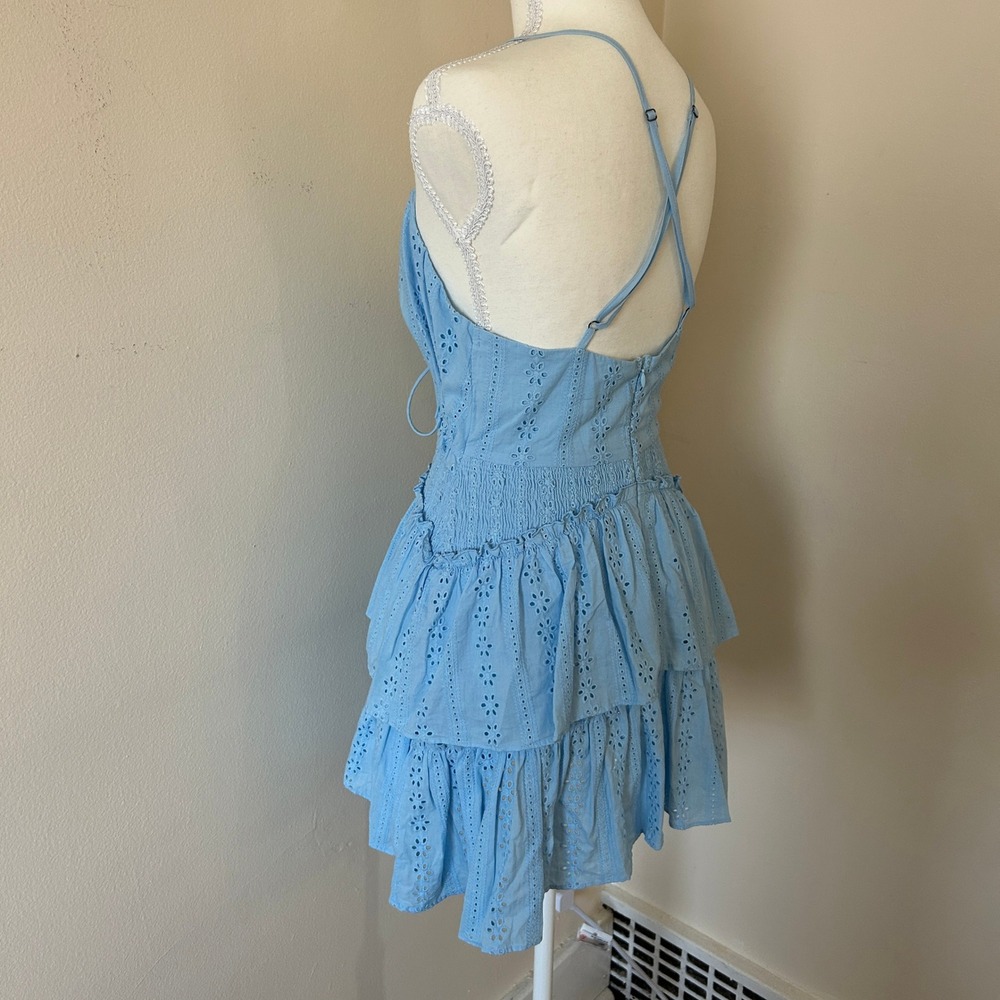 Mable Light Blue Eyelet Tiered Cutout Boho Festival Mini Dress S - Picture 11 of 11